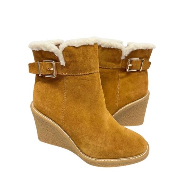 Franco Sarto Boots Size 8 Tan Leather Suede Shearling Wedge Heel Booties - Picture 1 of 9